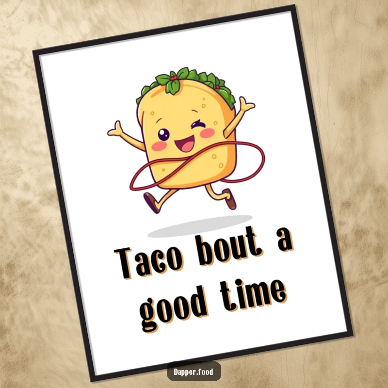 Funny Free Printable Wall Art: A cheerful anthropomorphic taco character with legs joyfully jumping rope with a salsa strand, full of vibrant energy.