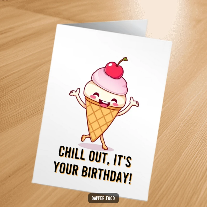 Funny Free Printable Birthday Card: Smiling ice cream cone with cherry doing a joyful jig, spreading happiness.