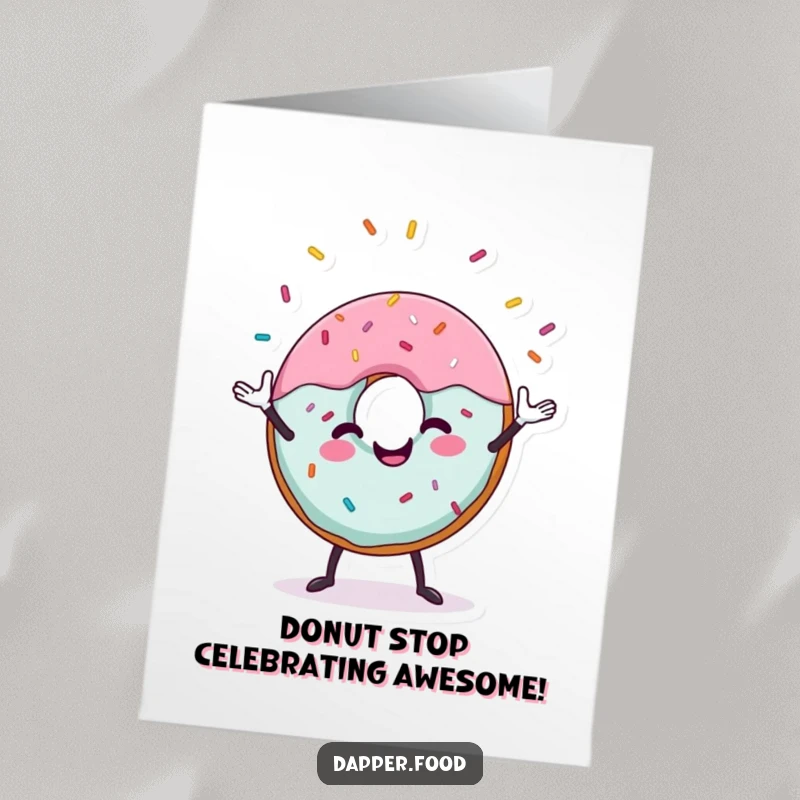 Funny Free Printable Birthday Card: A cheerful donut character juggling sprinkles with delight, a festive and amusing scene.