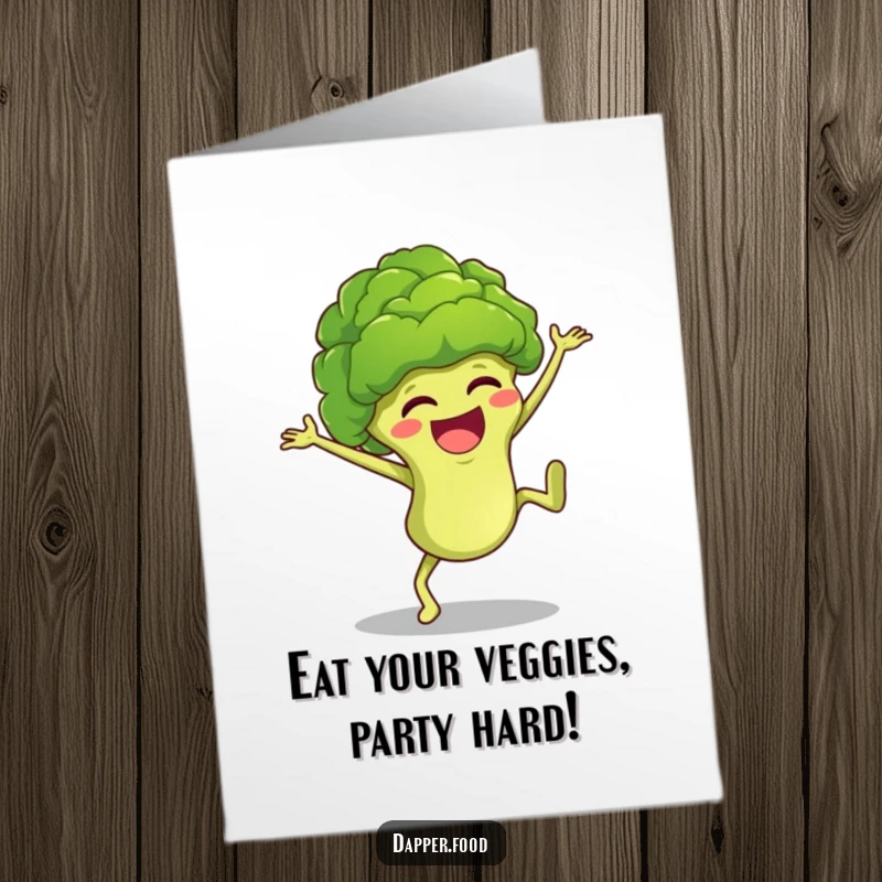 Funny Free Printable Broccoli Birthday Card: A giggling green floret doing a cartwheel with pure joy and excitement.