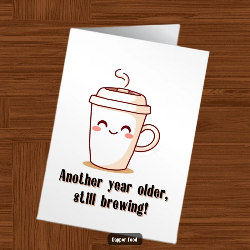 Funny Free Printable Birthday Card: Smiling coffee cup with lid hat, joyfully steaming, digital greeting