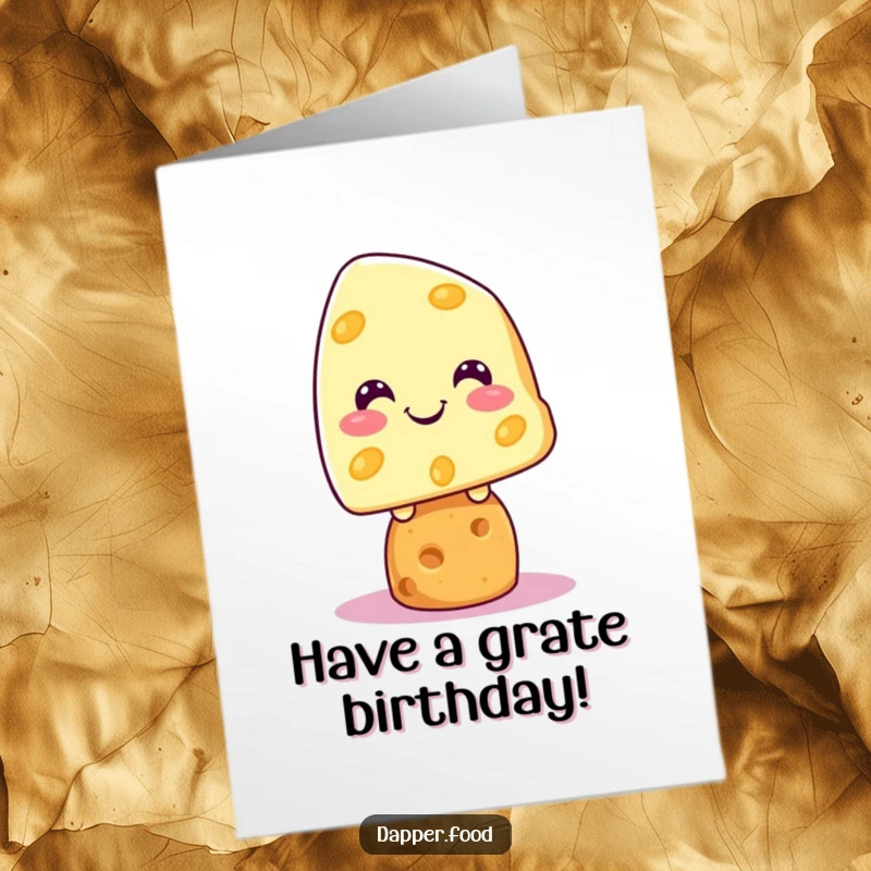 Funny Free Printable Birthday Card: Grinning Kawaii cheese character perfectly balanced on a cracker.