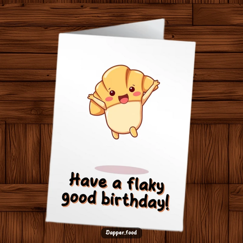 Funny Free Printable Birthday Card: Joyful Kawaii croissant character performing a cartwheel in mid-air.