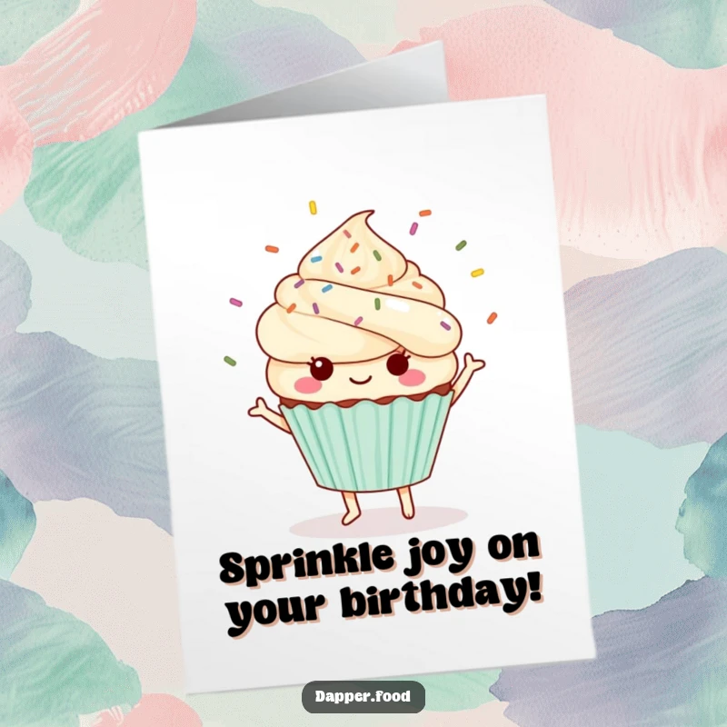 Funny Free Printable Birthday Card: A Kawaii cupcake character joyfully dancing with sprinkles flying everywhere, full of birthday cheer.