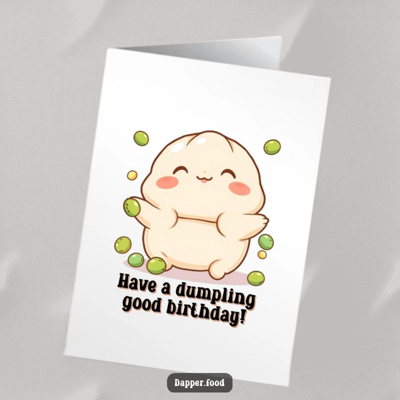 Funny Free Printable Birthday Card: Playful dumpling character with rosy cheeks comically juggling small green peas with a cheerful expression.