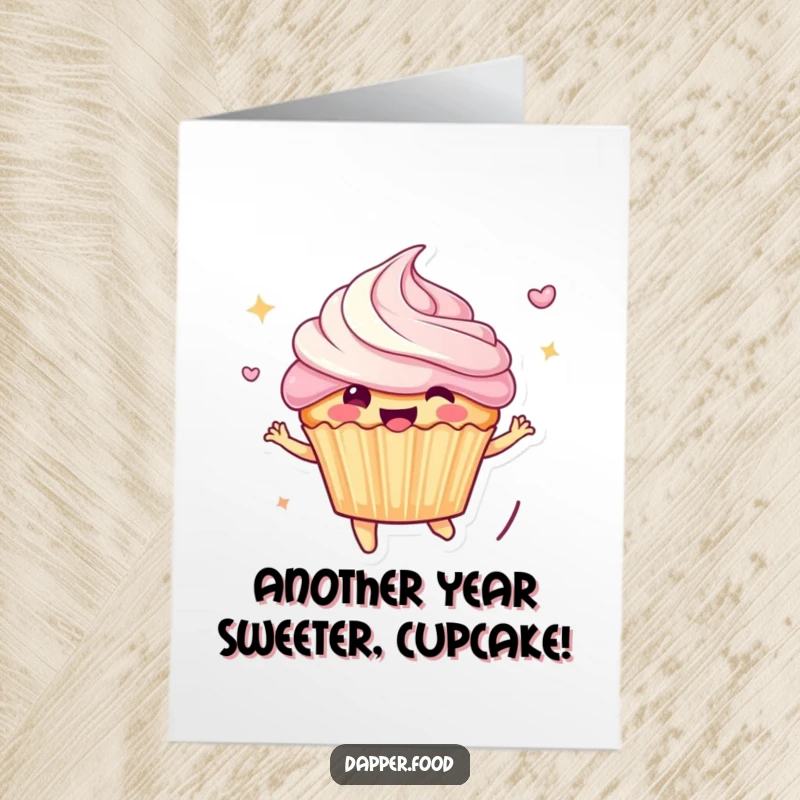 Funny Free Printable Birthday Card: A cheerful cupcake character mid-air, frosting flying, bouncing with pure delight.