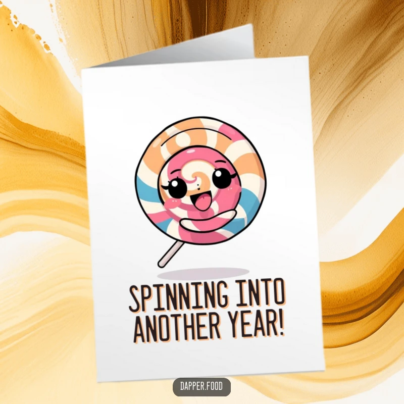 Funny Free Printable Birthday Card: Kawaii lollipop spinning rapidly with a delighted expression, perfect for a fun card.