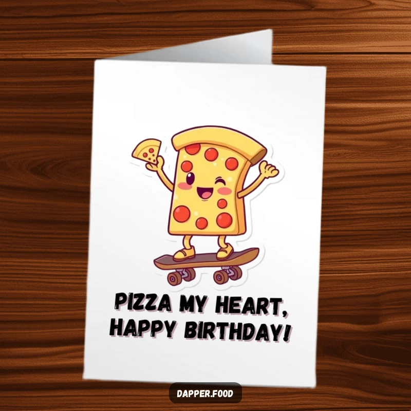 Funny Free Printable Birthday Card: Smiling Pizza Skater balancing on skateboard, one slice up, ready to party.