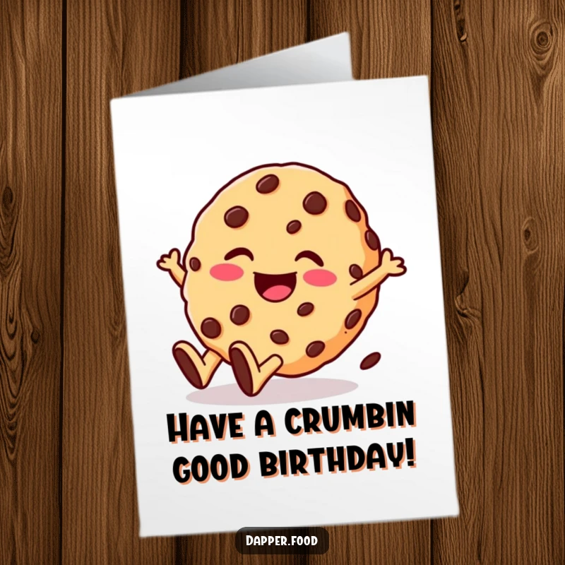 Funny Free Printable Birthday Card: Giggling chocolate chip cookie character rolls downhill with pure glee.
