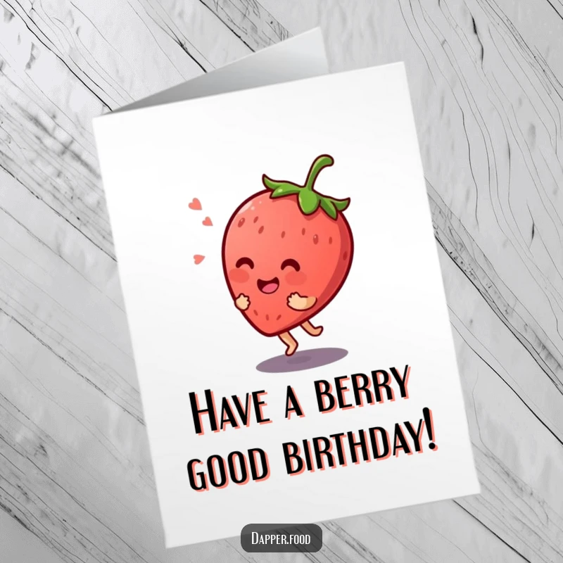 Funny Free Printable Birthday Card: Giggling Kawaii strawberry character joyfully bouncing on its stem.