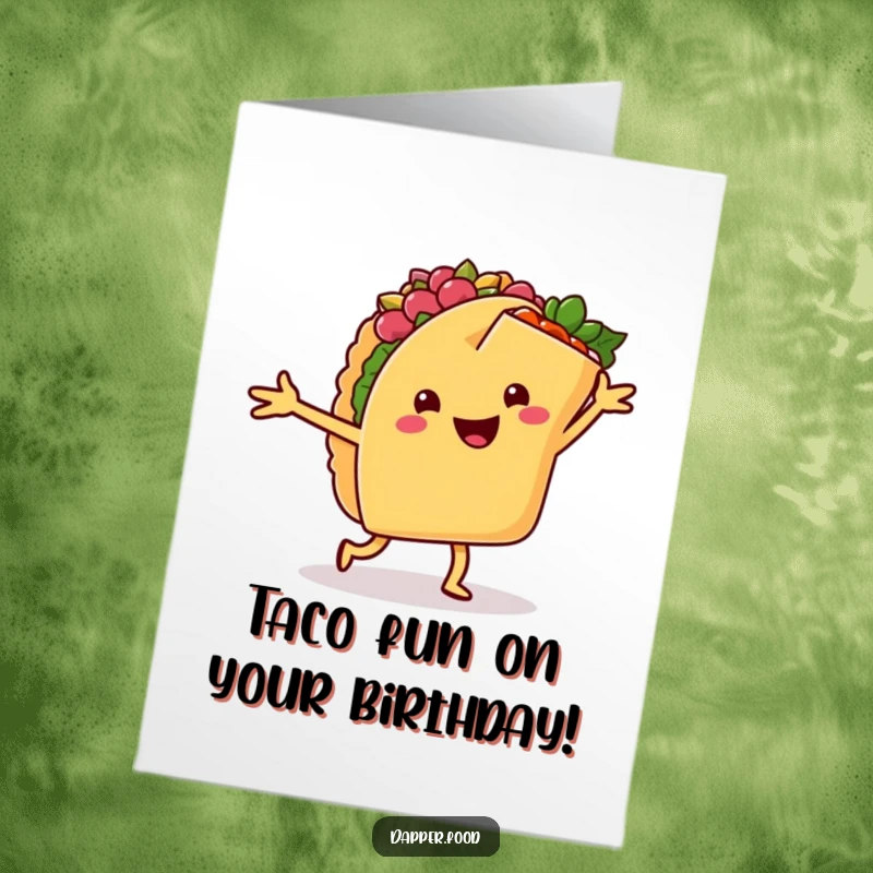 Funny Free Printable Birthday Card: A happy taco and cheerful burrito with arms dancing the salsa together joyfully.