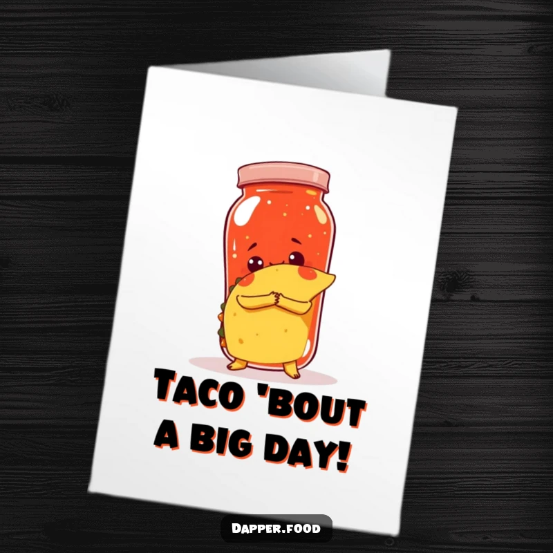 Funny free printable birthday card: A curious taco embracing a huge jar of salsa, cute cartoon.