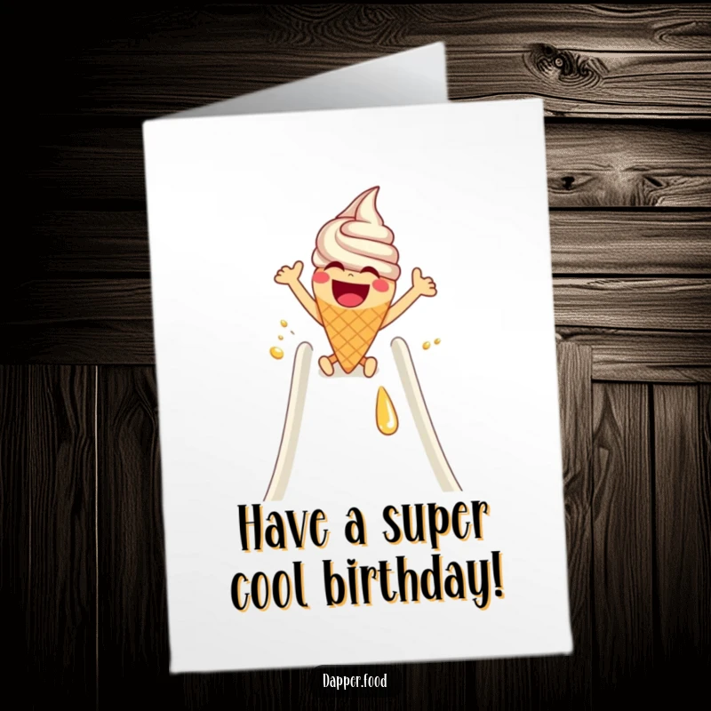Funny free printable birthday card: a laughing ice cream cone with arms excitedly slides down a chocolate syrup slide, pure joy depicted.