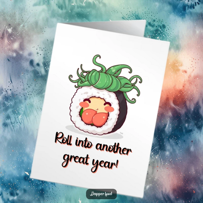 Funny Free Printable Happy Birthday card: A playful sushi roll with seaweed hair joyfully spinning in delight.