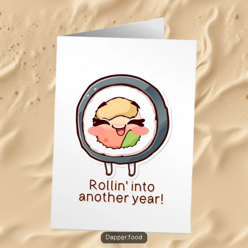 Funny Free Printable Birthday Card: Cheerful sushi roll character spinning happily with eyes closed. A delicious downloadable wish.