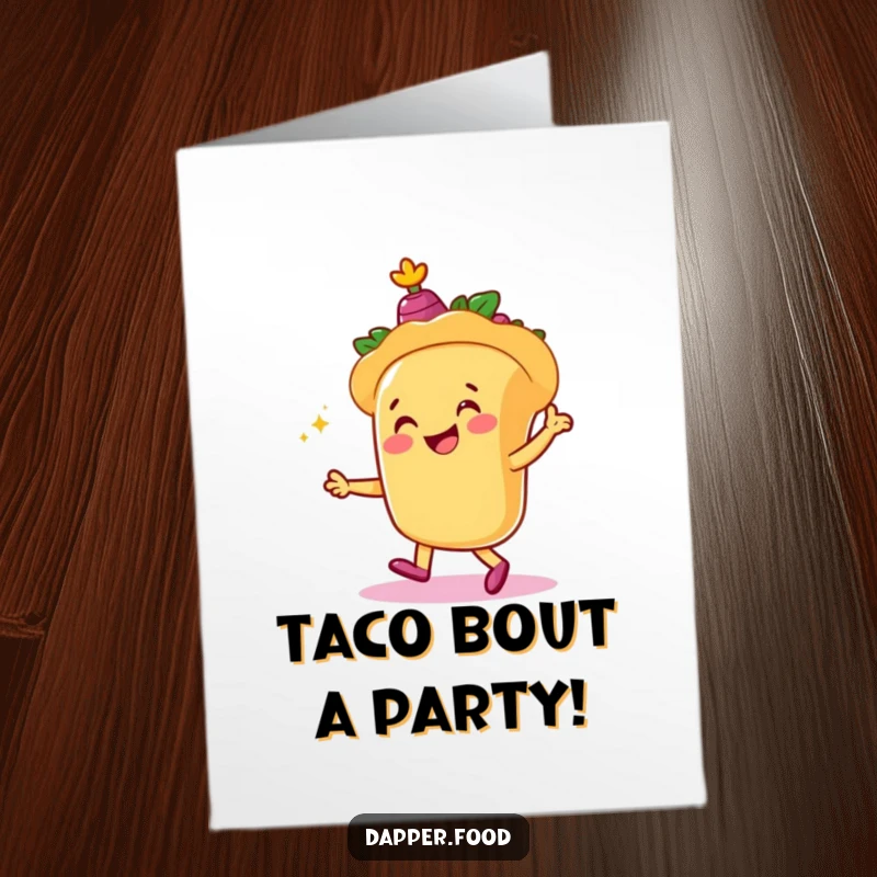 Funny Free Printable Birthday Card: Smiling taco character dancing with castanets, spreading birthday cheer. A downloadable fiesta.