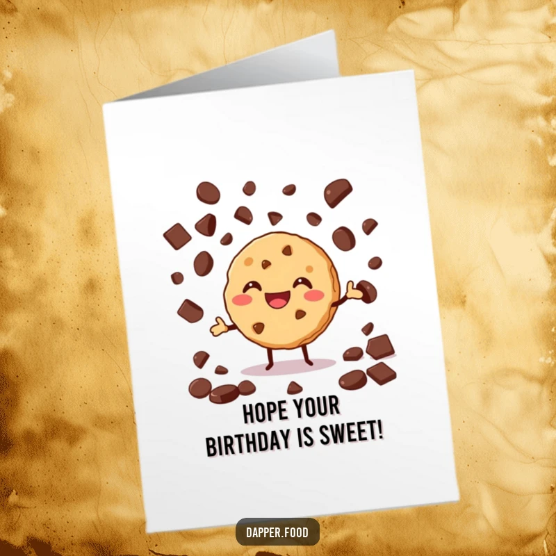 Funny free printable birthday card featuring a grinning cookie enthusiastically juggling a cascade of chocolate chips.