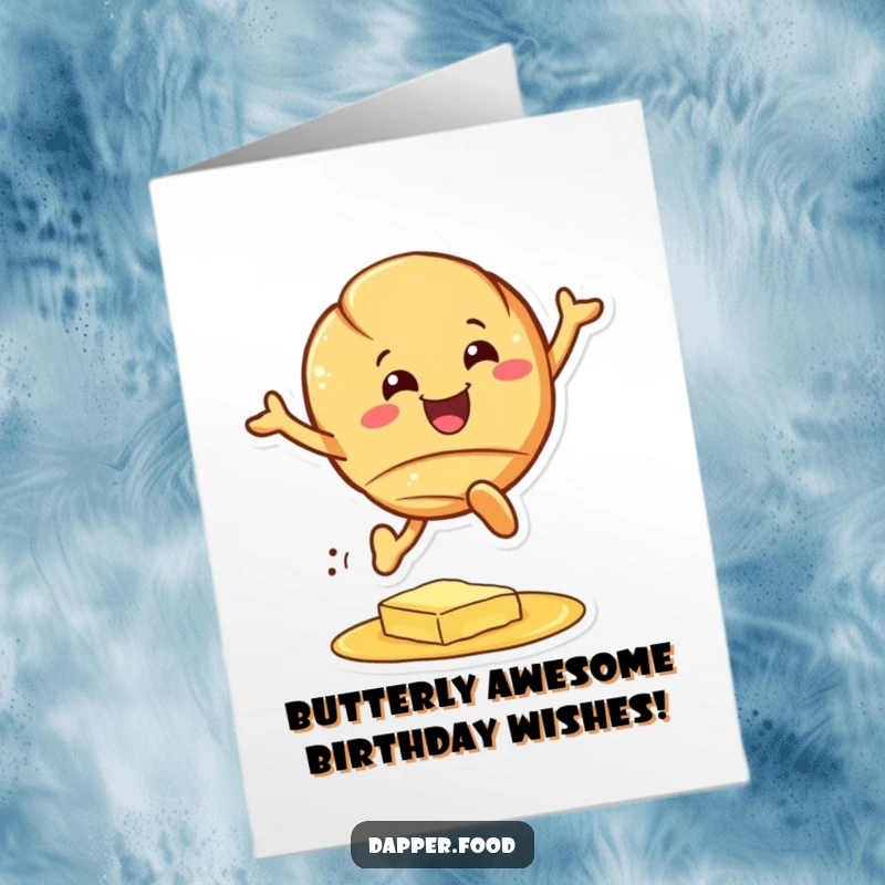 Funny Free Printable Birthday Card: Cheerful croissant character grinning wildly while leaping over a butter puddle.
