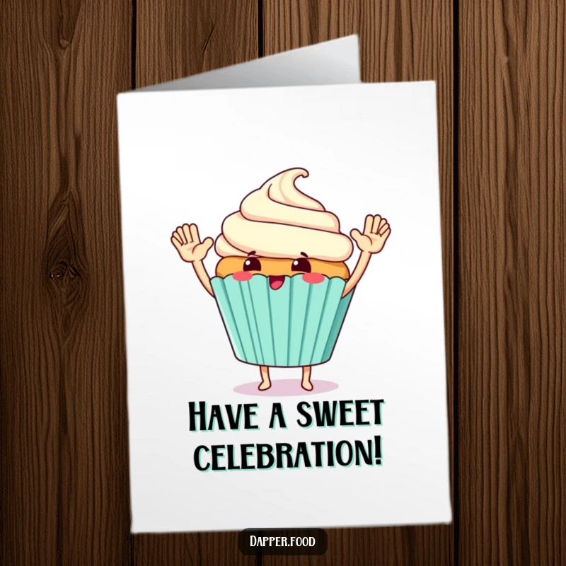 Funny Free Printable Birthday Card: Giggling cupcake character giving a giant high-five.