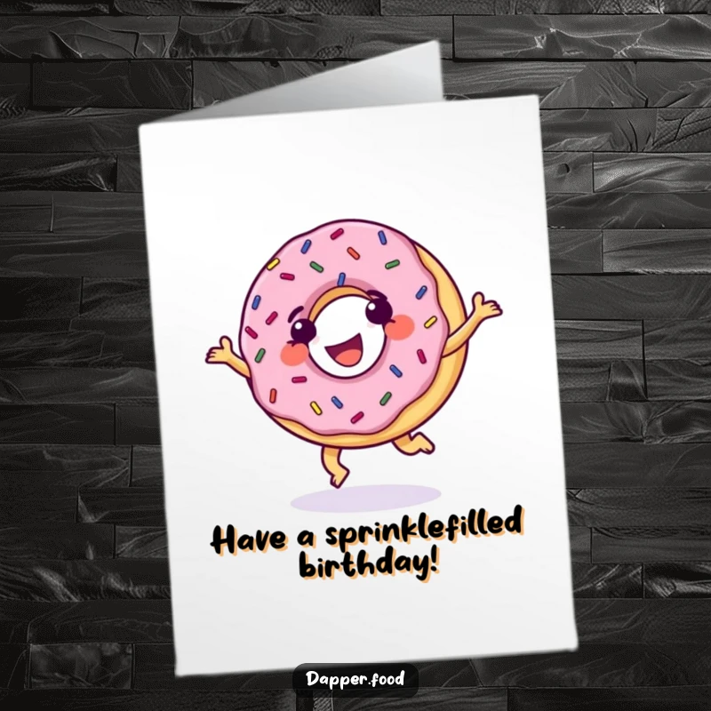 Funny free printable birthday card of a grinning donut with sprinkles doing a cartwheel, radiating pure joy and celebration.