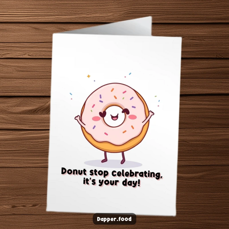 Funny Free Printable happy donut character dancing with tiny sprinkles showering down. Birthday DIY gift.