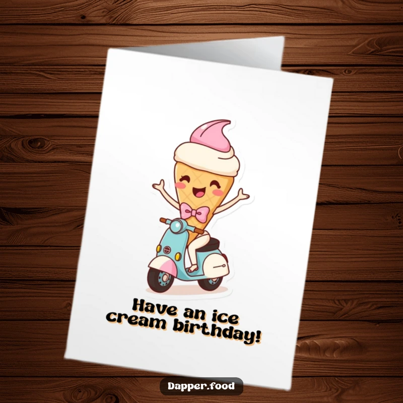 Funny Free Printable Birthday Card: A happy ice cream cone character with arms wearing a bow rides a scooter, perfect for a fun wish.