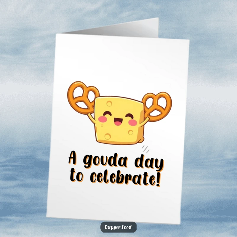 Funny Free Printable Cheese Birthday Card, a delighted cheese character with pretzel wings attempting flight, perfect for a cheerful celebration.