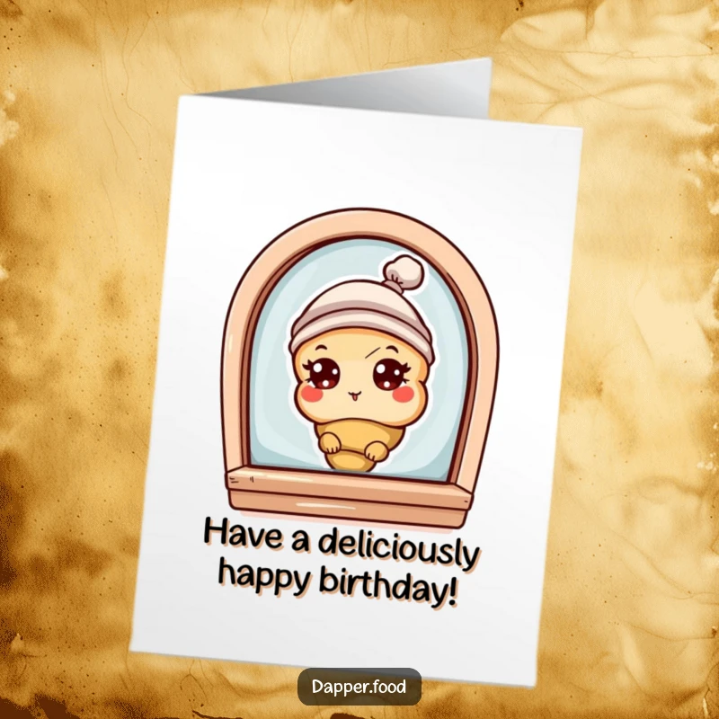 Funny Free Printable Birthday Card: A curious croissant with eyes and hat peeks from a bakery window, ready for treats.