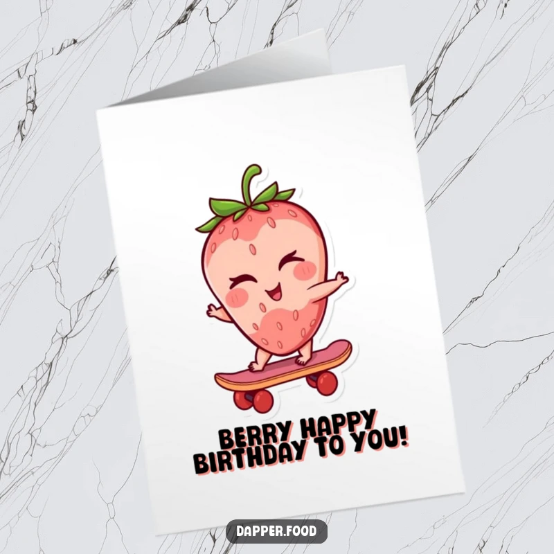 Funny Free Printable Birthday Card: A winking strawberry character riding a tiny skateboard with a cool attitude.