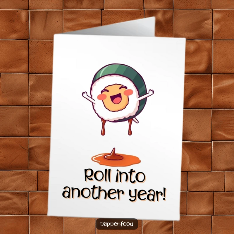 Funny Free Printable Birthday Card: A happy sushi piece performing a cartwheel with soy sauce drips, agile and amusing.