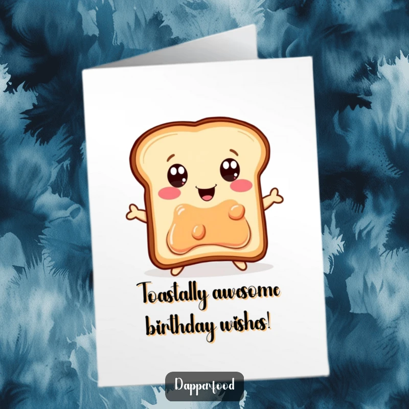Funny free printable birthday card: a delighted piece of toast with eyes eagerly jumps for a jelly jar, celebrating with joy.