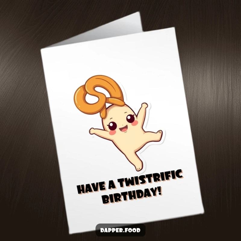 Funny Free Printable Birthday Card: A happy pretzel character performing a joyful cartwheel with a blissful expression.