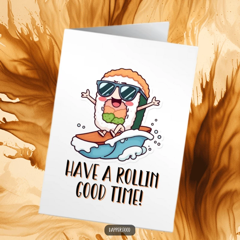 Funny Free Printable Birthday Card: Sushi roll with sunglasses surfing a wave.