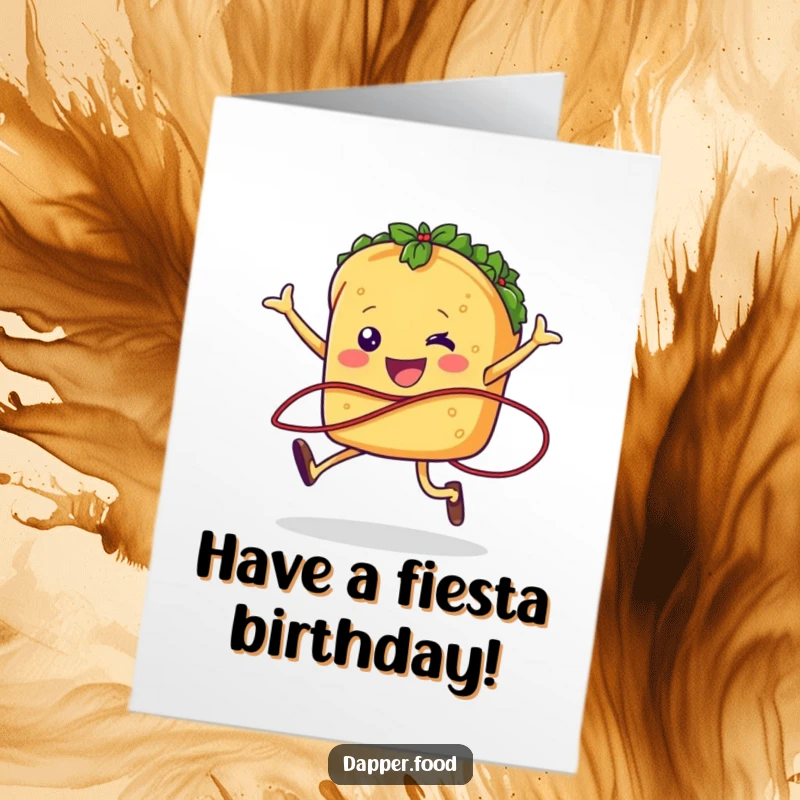 Funny Free Printable Taco Birthday Card: A cheerful taco character with legs joyfully jumping rope with a salsa strand, celebrating with energy.