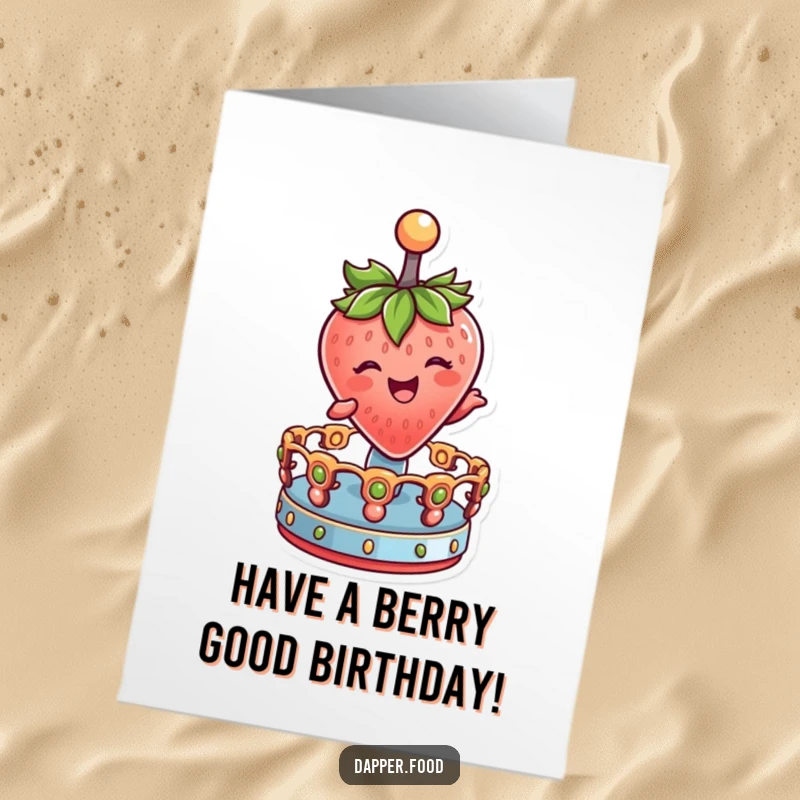 Funny Free Printable Birthday Card: Strawberry character winking while spinning on a merry-go-round.