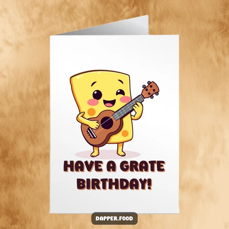 Funny Free Printable smiling cheese slice character enthusiastically playing a miniature ukulele. Birthday DIY gift.