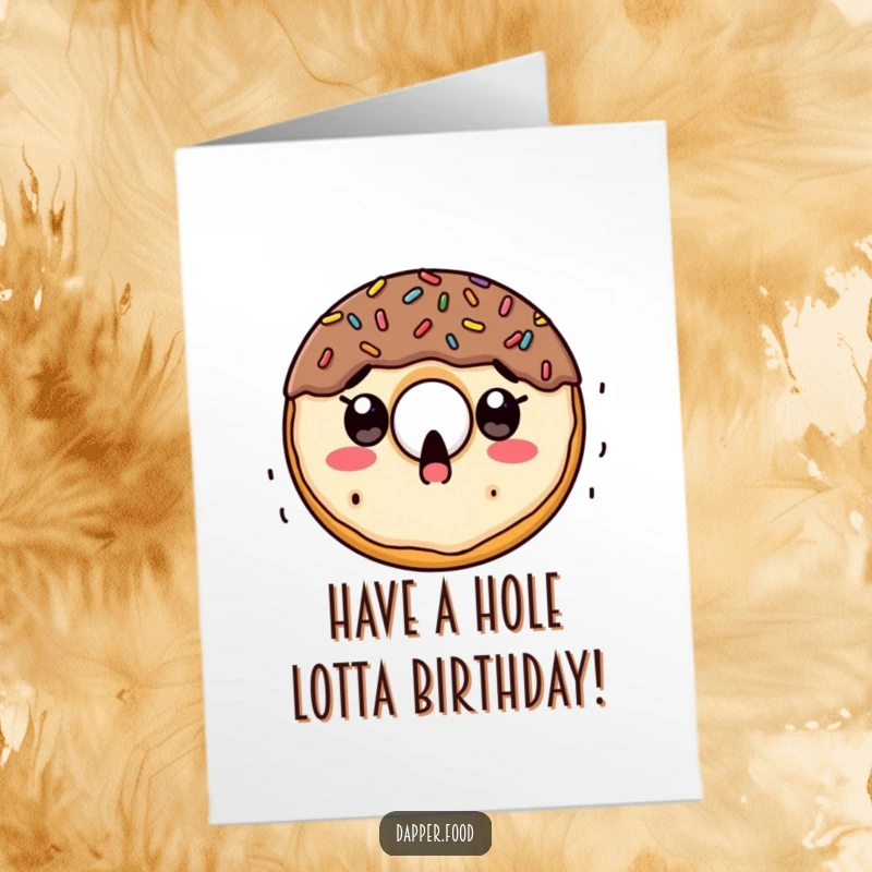 Funny Free Printable Birthday Card: Surprised doughnut character with sprinkles raining down, festive and happy art.