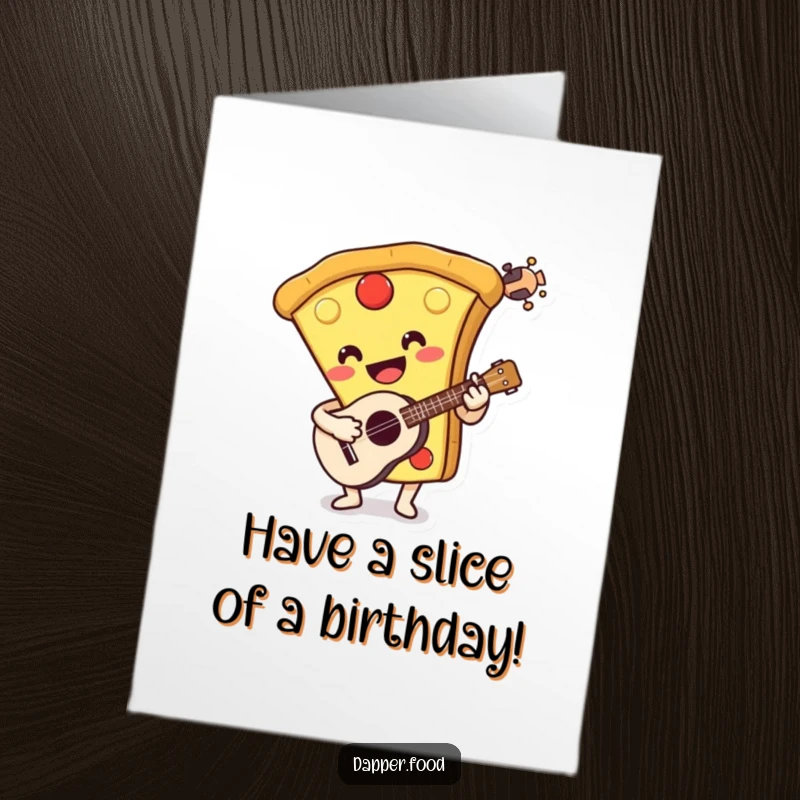 Funny Free Printable Birthday Card: Smiling pizza slice character happily plays a ukulele, spreading joy.