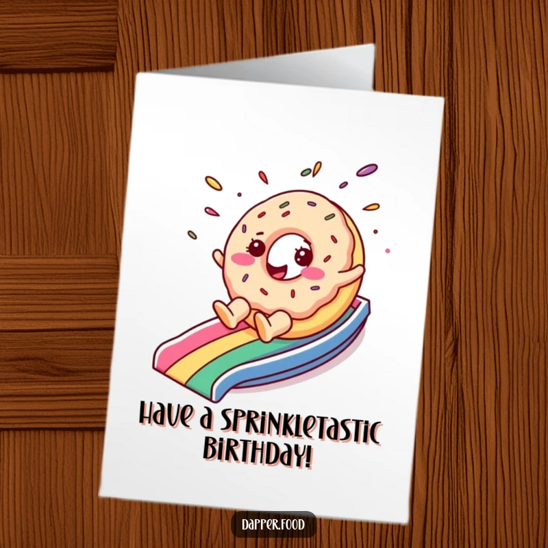 Funny free printable birthday card showing a cheerful donut character sliding down a rainbow with sprinkles flying.