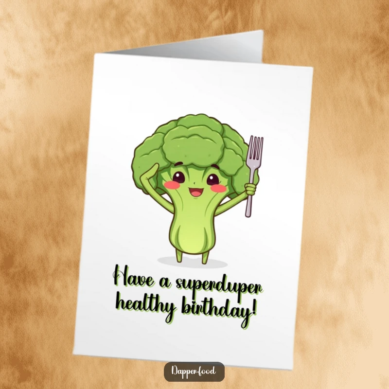 Funny Free Printable Birthday Card: A proud broccoli floret with arms salutes with a tiny fork, ready to celebrate.