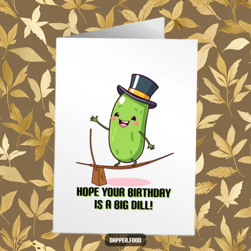 Funny Free Printable Birthday Card: A grinning pickle wearing a top hat precariously balancing on a tightrope.