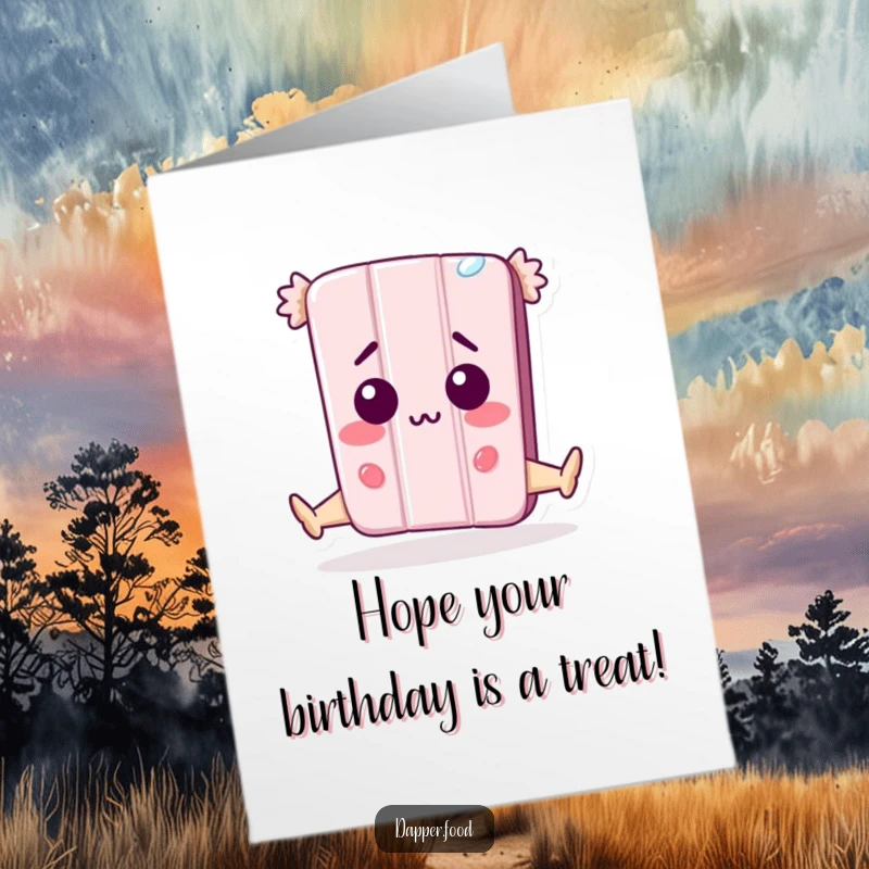 Funny Free Printable Birthday Card: A surprised candy bar character attempting a split, legs stretched wide in disbelief.
