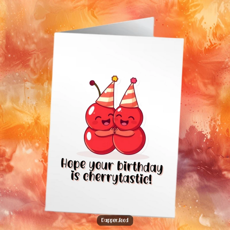 Funny Free Printable Birthday Card: Two cherries in tiny party hats sharing a huge, joyful hug.