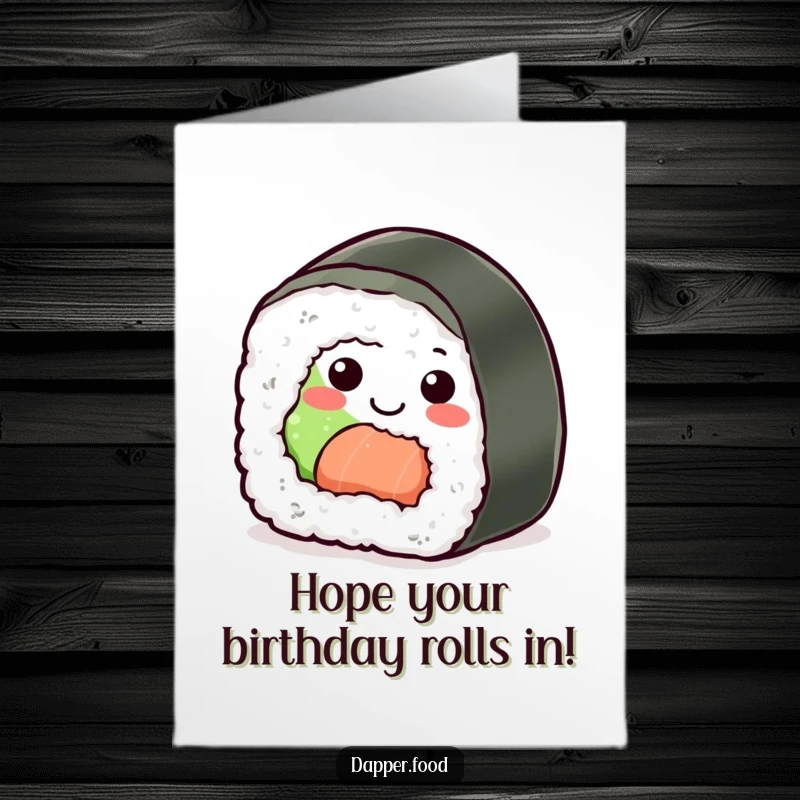 Funny Free Printable Birthday Card: A cheerful sushi roll with a big smile, happily rolling into the celebration.