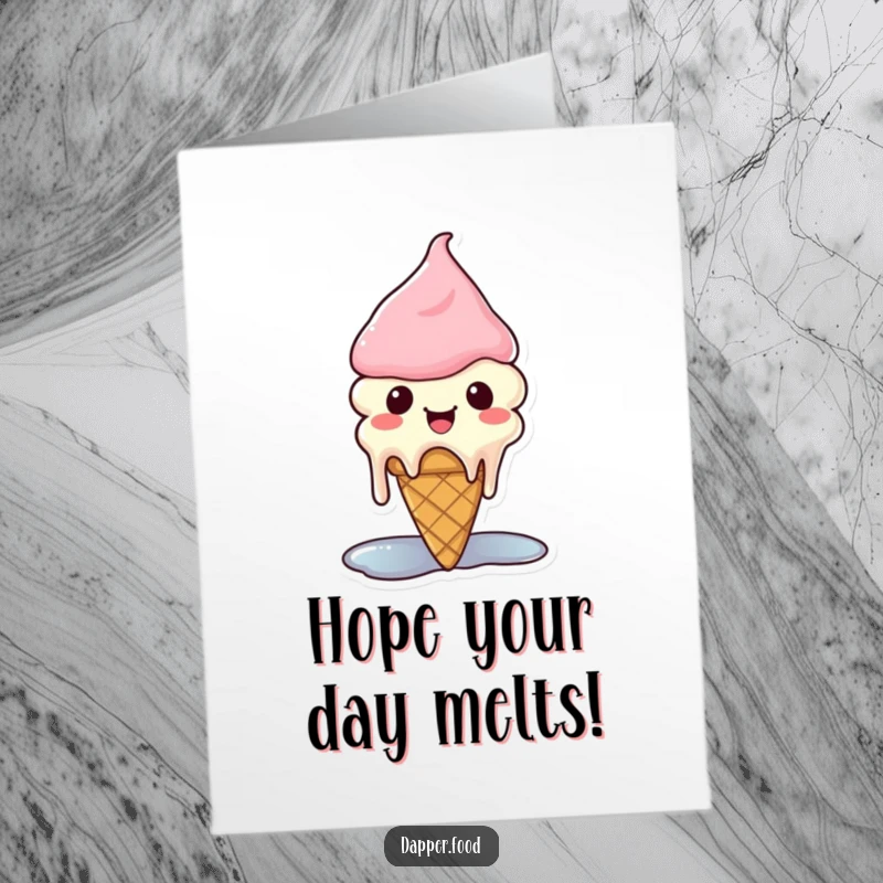 Funny Free Printable Birthday Card: A Kawaii ice cream cone character melting slightly with a blissful expression, radiating pure happiness.