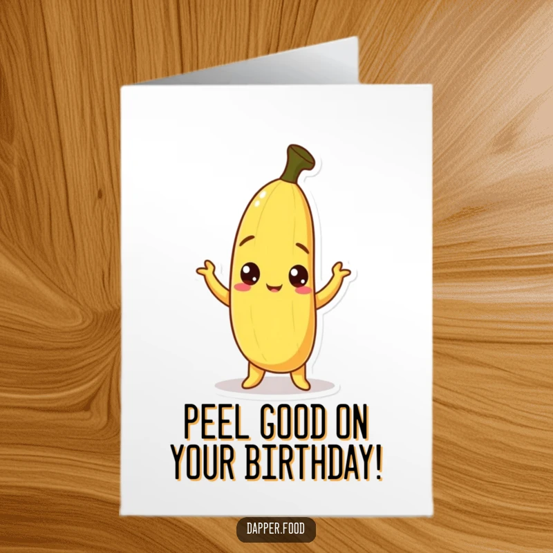 Funny Free Printable Birthday Card: Curious banana mascot with a wonky peel, striking a comical pose for your special occasion.