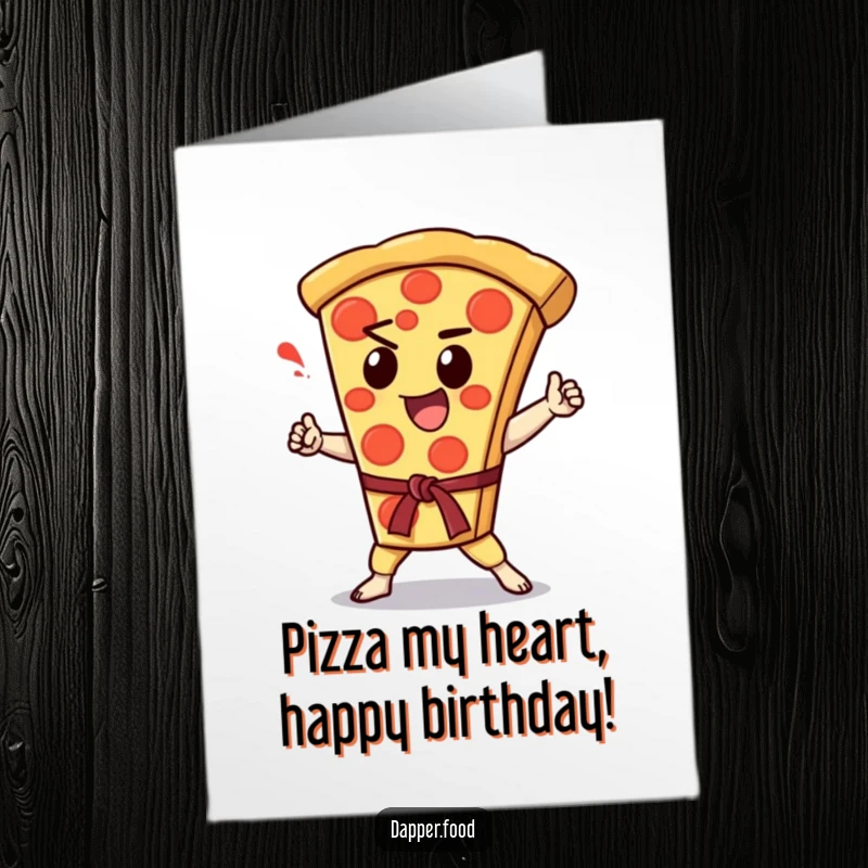 Funny Free Printable Birthday Card: Enthusiastic Kawaii pizza slice character performing a powerful karate chop.