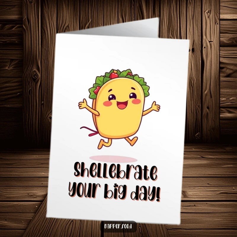Funny Free Printable Birthday Card: A smiling taco character joyfully jumping rope with its shell, perfect for a laugh.