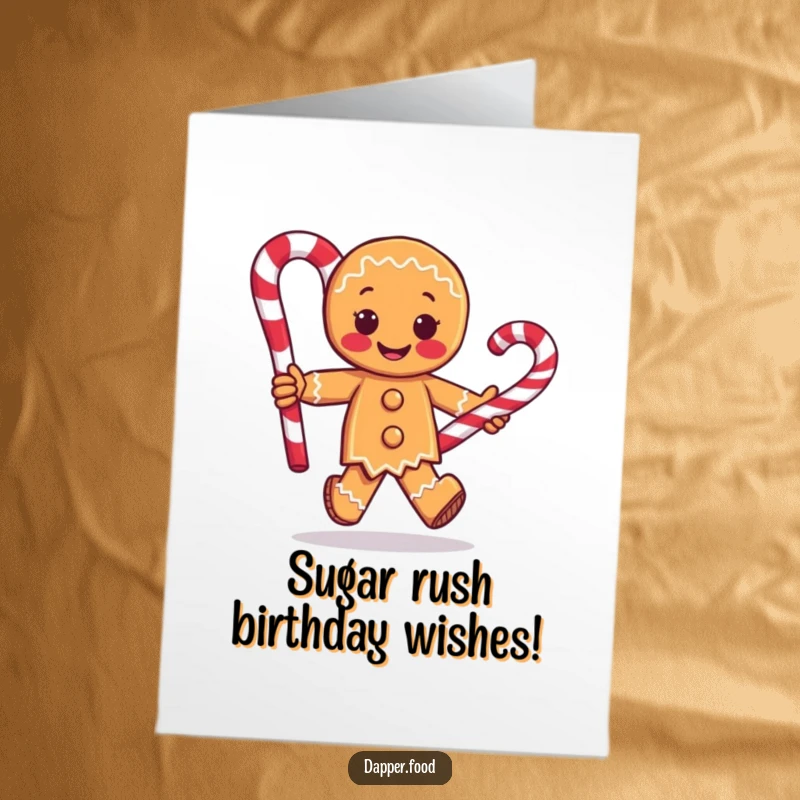 Funny free printable birthday card featuring a gingerbread man with arms running joyfully with a giant candy cane.