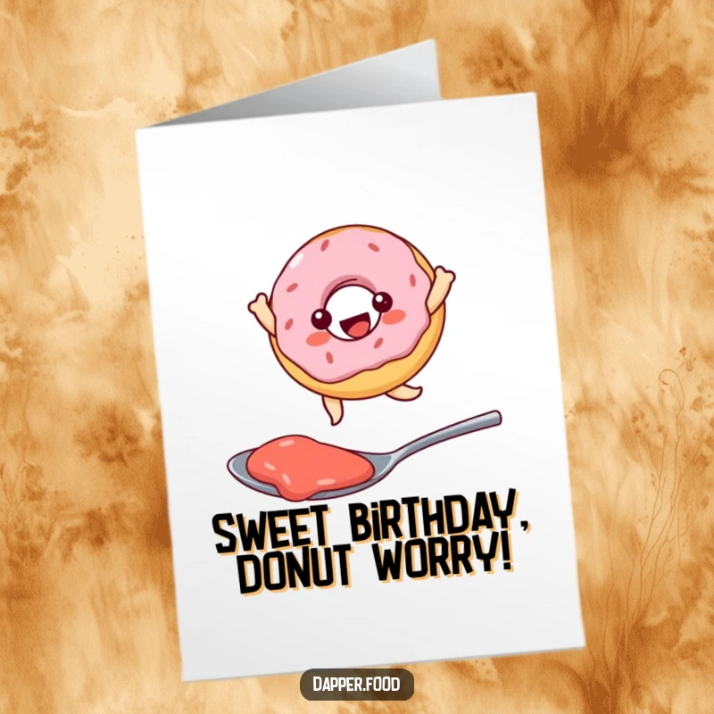Funny free printable birthday card: A happy Kawaii donut character joyfully leaping over a small spoon filled with sticky jam.